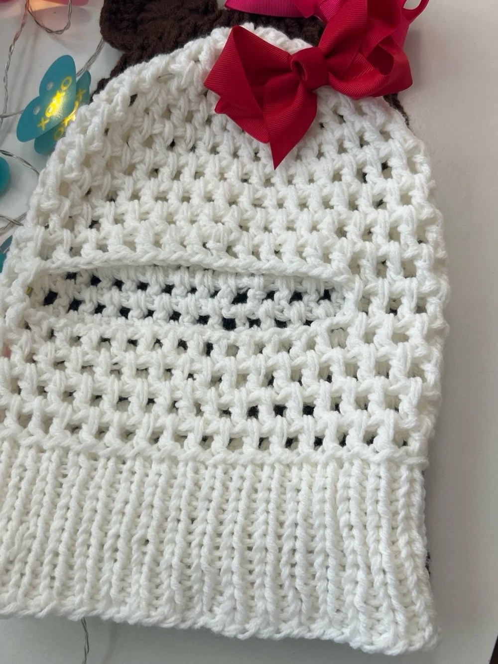Hand Crafted Kids Crochet Beanie Pair in White, Brown & Hot Pink Bows